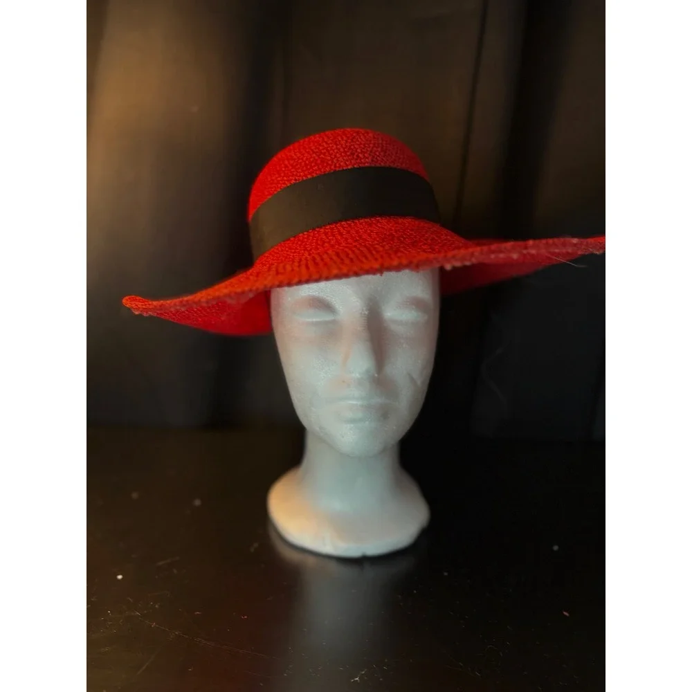 Liz Claibor Red Straw Sun Hat Wide Brim Black Grosgrain Ribbon Bow Vintage Style